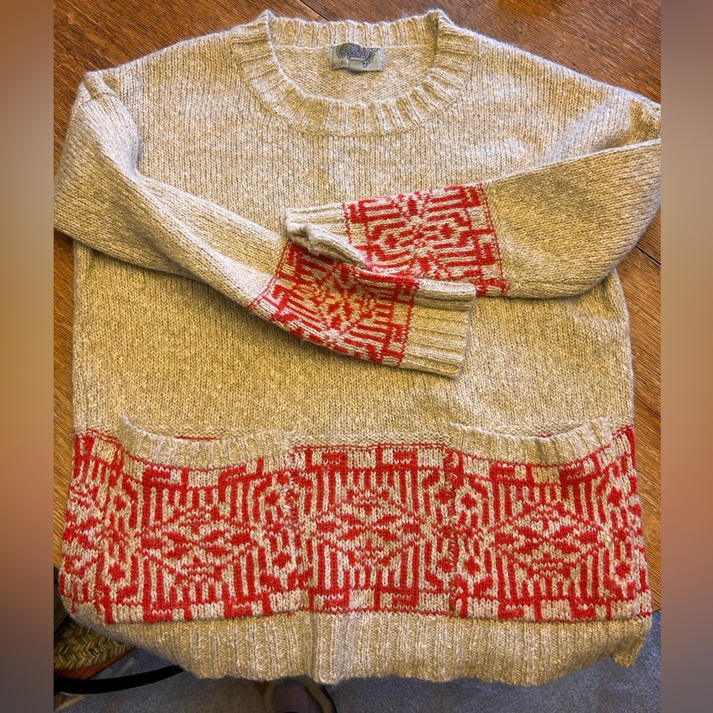Ecote Beige and Redish/orange Crewneck Wool Sweater